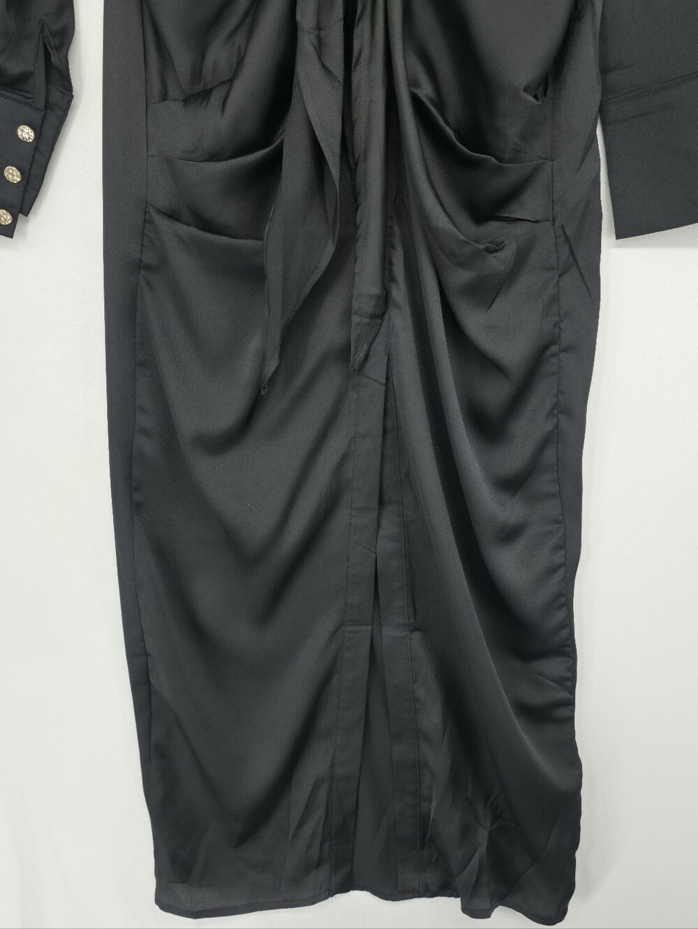 Mable Black Satin Tie Front Shirt Dress Small Midi Front Slit Long Sleeve NWOT - Picture 5 of 12